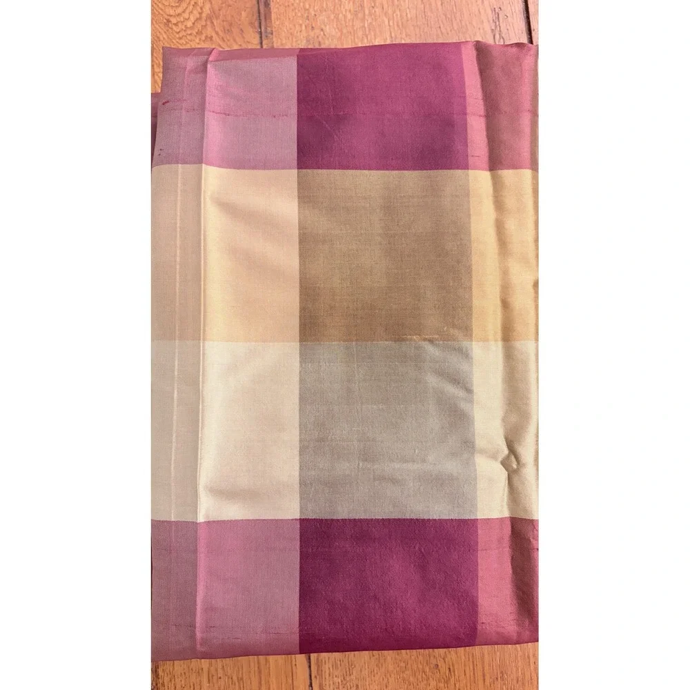 Pair Silk Plaid Drapery Panels Bronze Maroon Gold Cotton Lined 42x82